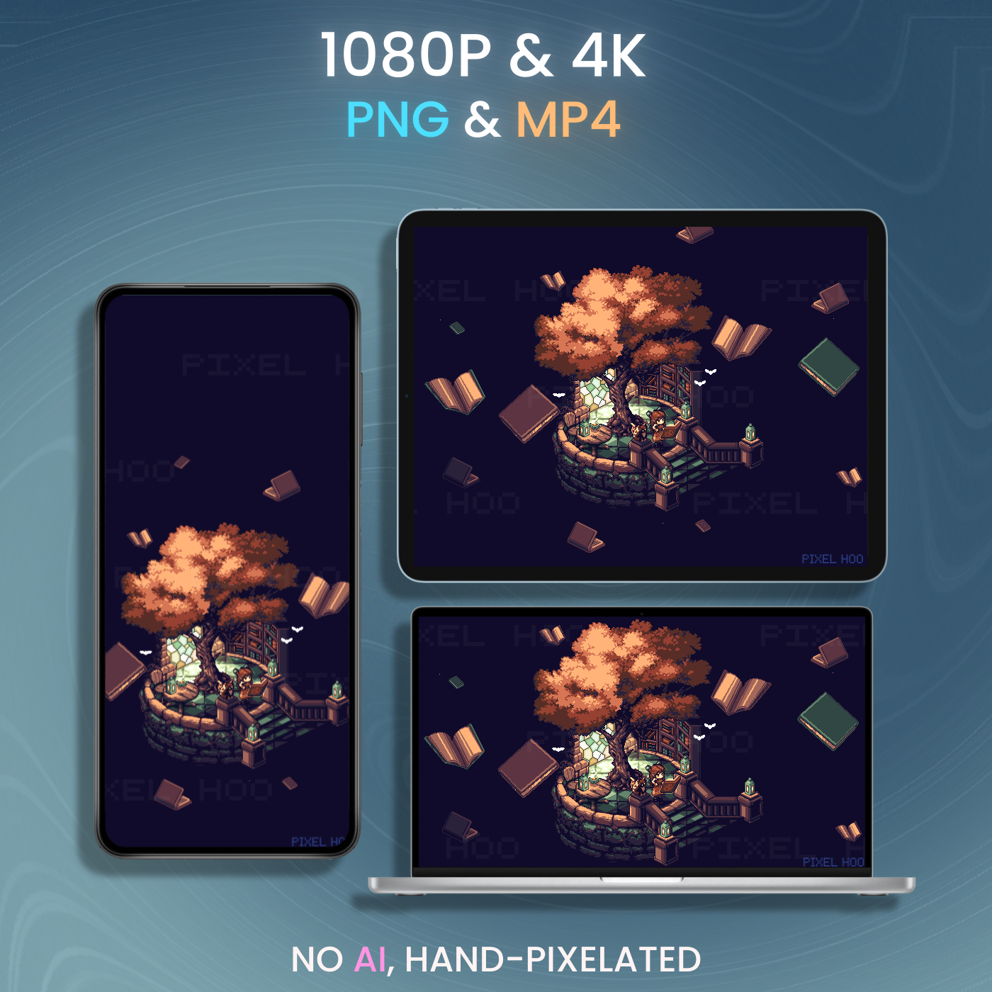 Hidden Library Animated Pixel Art Wallpaper | 4K & 1080p for Desktop, Mobile, Tablet, Ultrawide