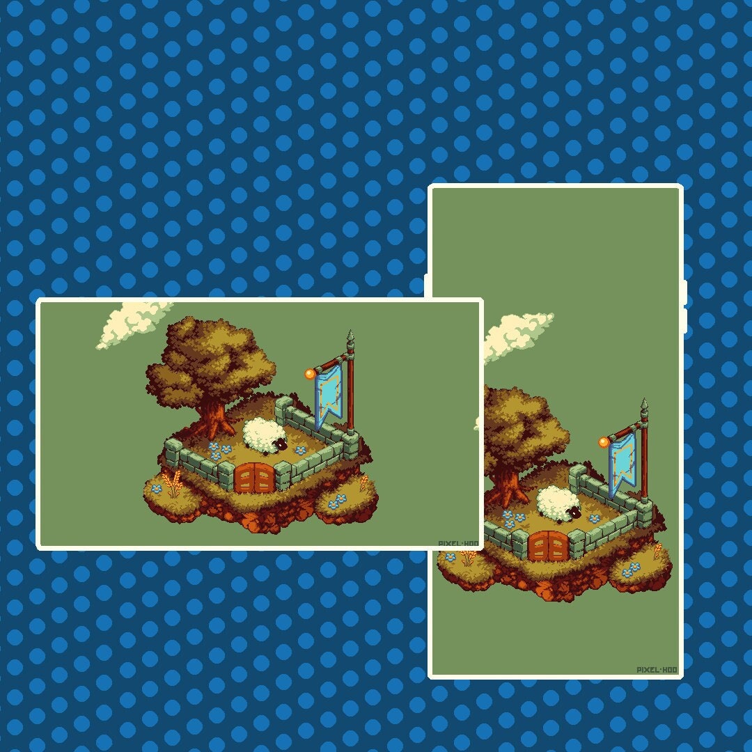 Pixel Art Isometric Island Sheep Cottage Animated Wallpaper (Desktop and Phone)